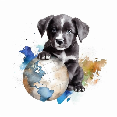 Watercolor puppy playing, with ball that resembles a world globe Clipart - cute puppy , Colour of black and silver, white background, vector art, high definition, clip art, ar 2:2