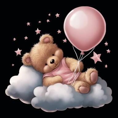a smiling sleeping brown baby teddybear laying on a cloud, wearing a pink bib, tied in pink and white balloons, clipart, black background