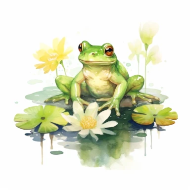 watercolor green frog on lily pad with flowers clipart, white background