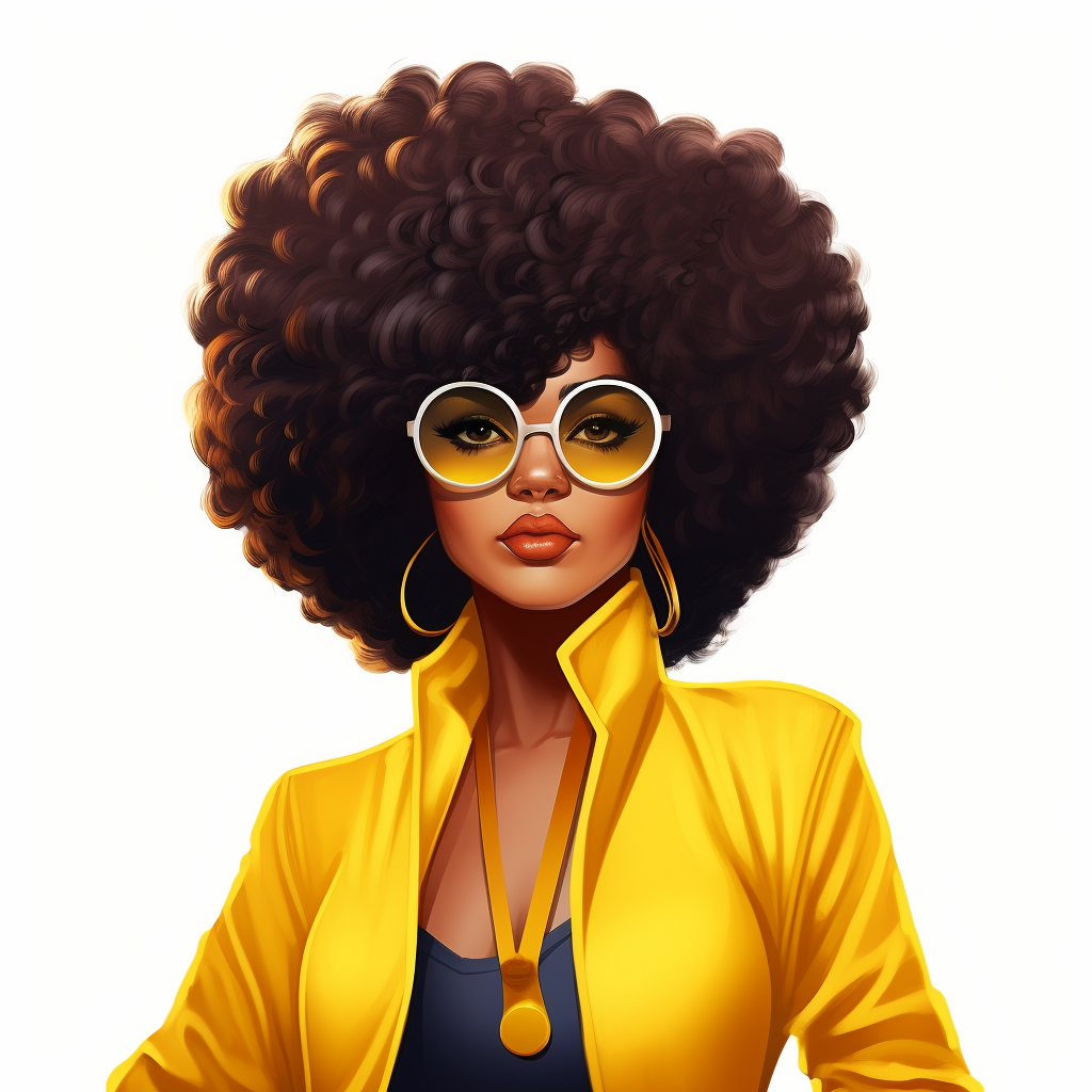 a cartoon boss lady woman with beautiful afro hair, glasses and a ...