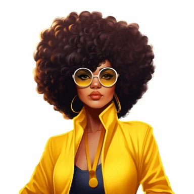 a cartoon boss lady woman with beautiful afro hair, glasses and a yellow jacket, in the style of afro-american influence, realistic color palette, studio portrait, bold curves,, crisp and clean look,, clipart doll style--ar 3