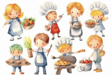 Watercolor clipart cooking, kids