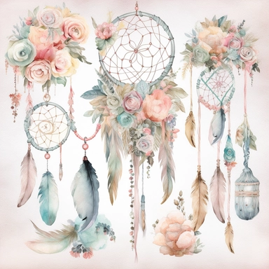 Create a watercolor clipart set of boho-inspired baby items such as dreamcatchers, feather mobiles, and macrame wall hangings. Use soft pastel colors and a white background to make the designs pop, white background