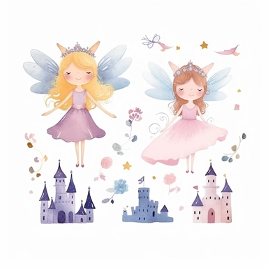 Watercolor fairy and princess, clipart, isolated on white background