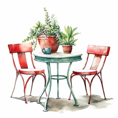 A watercolor picture of a table and small chairs, in the style of colorful gardens, dreamlike atmospheres, red green and white tones, maximalistic detailing, clean sharp focus, isolated on White background, in the style of hyper realistic illustrations , on a white background. clipart