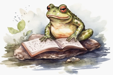 watercolor fat frog reading a book on a log Clipart, hd, white background, spaced out