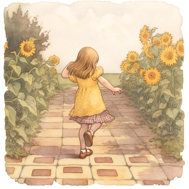 a little girl from the late 19th century playing hopscotch along a country road with sunflowers growing nearby watercolor clipart no fonts no letters no words