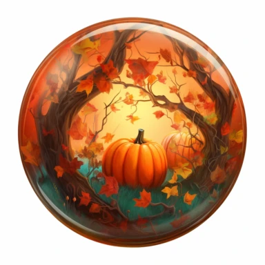 vivacious stined glass pumpkin in a round frame surrounded by fall leaves in rich orange colors, clipart, hd