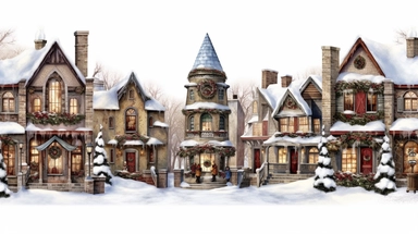 Christmas village, clip art, magical, enchanting, wreaths, snow-covered streets, colorful houses, sparkling, charming, detailed, festive, ornate, traditional, whimsical, Christmastide, Michael Powell style, white background