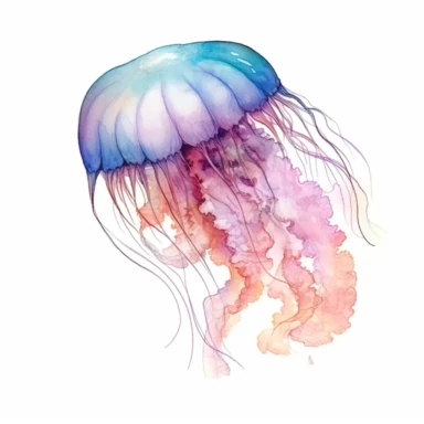 watercolor style jellyfish in ocean clipart, white background, no text, for childrens reading book