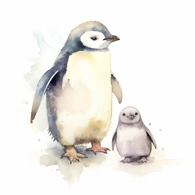 Clipart, watercolor, white background: A chubby penguin chick following its parent, trying to keep up with its adorable waddling steps.