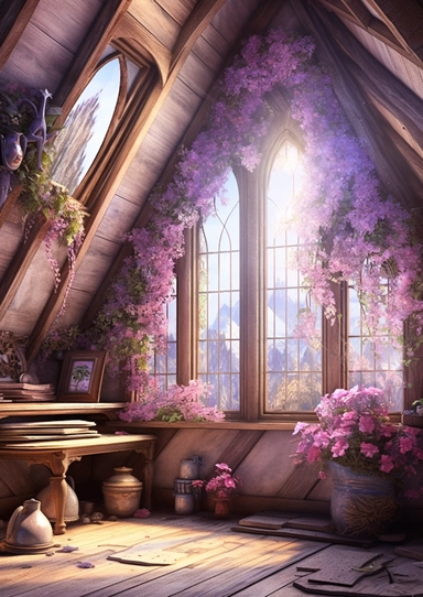 A realistic high detailed fairytale style attic corner with watercolor effect,suitable for digital clipart,white background,magical flowers,magical scene,fairy vibrant colors,pink,purple,lavender,