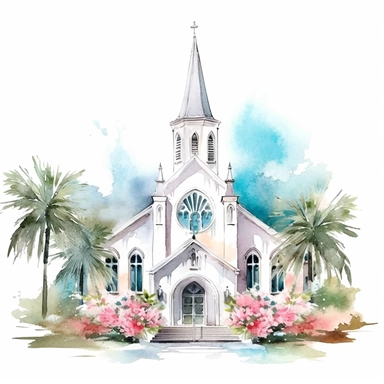 wedding venue, church, adorned with floral arrangements, watercolor clipart, realistic, bright colors, minimalist, isolated white background, 8k