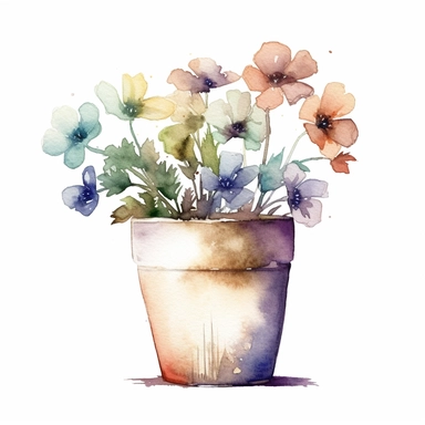 one Flower pot white Watercolor clipart on a white background, in the style of digital gradient blend, dau al set, decorative borders, ue5, black background, kinuko y. craft, ephemera, no watermark, text, 300 DPI , typography, shapes do not stick together, no text in the picture, on a white background