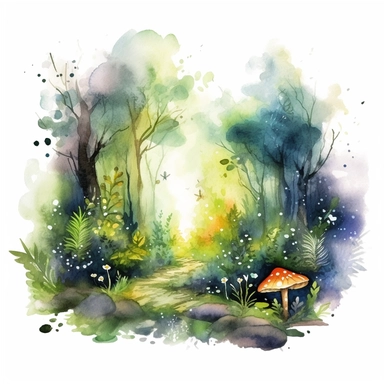 ultra realistic watercolor of enchanted fairy forest clipart, magical, god rays, fireflies, overgrown plants, fairy forest, on white background clipart watercolor, nature, sublimination, 8k, high quality, award winning, detailed
