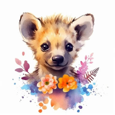 cute baby hyena, watercolor clipart, in the style of traditional oil painting, cheerful feeling, floral