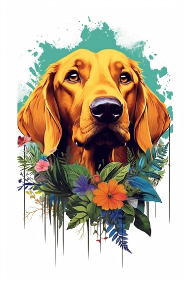 white background, dog, 3d, super closeup, sticker, photorealistic, artwork of t shirt graphic of majestic forest, in digital painting style , beautiful flowers, sunset mountains and clouds , big vines, plants sorround, highly detailed clean, vector image,