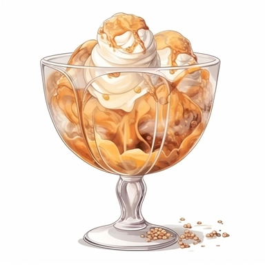 Watercolour of a toffee Ice Cream in a glass bowl , Clipart,Cartoon,hyper realistic, intricate detail isolated on a white background, high quality, sublimation, detailed, cartoon style