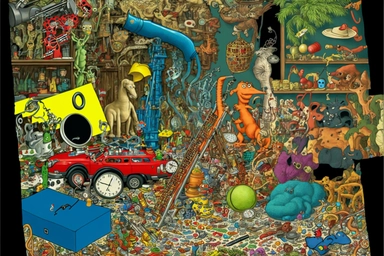 detailed cluttered I Spy photograph by Walter Wick containing candlestick, kangaroo, guitar, jaguar, yo-yo, pogo stick, baseball, cobra, bicycle wheel, bicycle, stethoscope, microscope, firecracker, iguana, trampoline, ping-pong paddle, cactus, dragonfly, ferris wheel, python, octopus, snail, horseshoe, boomerang, flamingo, snowflake, ladybug, pencil, credit card, camera, glass, stapler, remote control, key, book, envelope, toothbrush, ladder, compass, calculator, scissors, alarm clock, paper cl