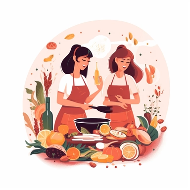 Graphic design,Two friends cooking together in the kitchen, with ingredients and utensils surrounding them and a delicious dish in the making , clipart ,hdr,8k, white background