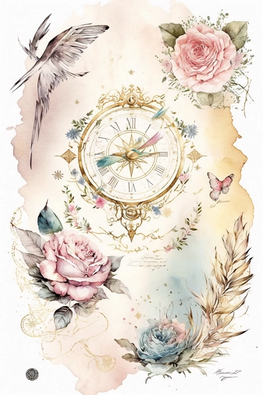 Worn watercolor pastel clipart, soft light, white background with aged page damaged by time, embossed compass, love, rose petals, butterfly, gold embossed details