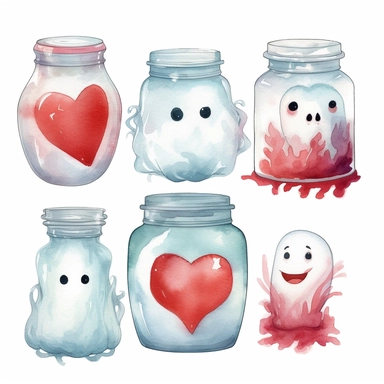 Collection of little flying baby ghost face, transparent glass jar and red love heart. Hand drawn watercolour graphic drawing on white, cutout clip art elements for print, invitations, banners, cards