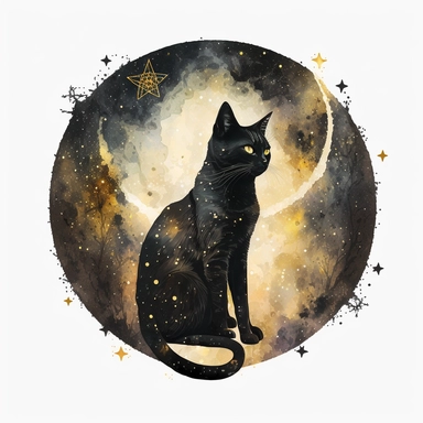 a sitting skinny pagan black cat in front of big starry sky portret, clipart, moon, watercolors, white background, stars, planets, galaxy, magical, ornaments, little golden stars, full body, pictorial space, sparky, golden glitter, oraneg eyes, use Cool Color Palette