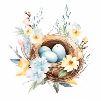 realistic Watercolor floral bouquet bird Nest with bird eggs clipart, be creative and detailed, white background