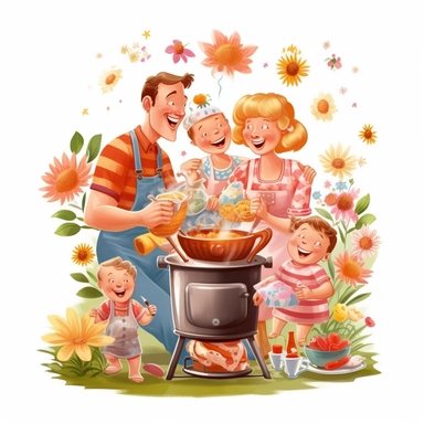 Capture a charming commercial moment with a beautifully detailed, ultra-realistic illustration of a lovable [happy family in his barbecue eating ] dancing people over a pot of nice flowers, backgroundof a nice and floral farm, creating an endearing scene ideal for nursery-style clipart and baby room décor. Isolated on a clean white background, this highly-detailed, award-winning artwork