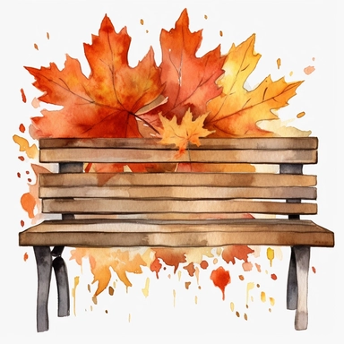 Design a clip art image in a watercolor style showcasing the beauty of autumn, with richly textured leaves in shades of red, orange, and gold, and a rustic wooden bench adorned with subtle watercolor washes. Ensure that the image format is PNG and there is a transparent background style by Lucy Fleming, watercolor, smooth gradients, black contour outline, ultra detailed, clipart elements, delicate pastel colors, solid white background, super clear, high quality