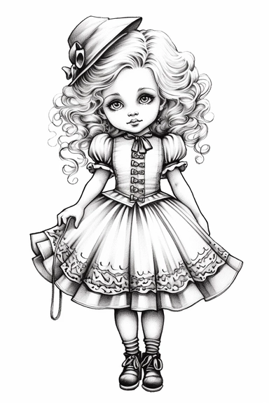 three quarter shot of a hand drawn coloring page vintage steampunk gorgeous european baby girl in a cute dress, clipart, white background
