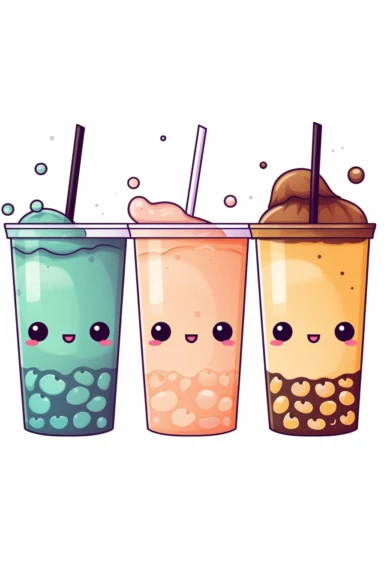 four in a straight line, Cute Boba Drinks, Kawaii, Tapioca Pearl, Milk Tea Characters, Sweet Dessert Smiling, Happy, Digital Clipart, png, white background, vector