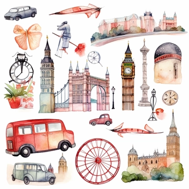 watercolor london touristic and iconic symbols , illustrations clipart set, simple, , cartoon elements ,different variants , black cab, the london eye, ferris wheel, houses of parliament, buckingham palace, st paul's cathedral, separate elements with a margin