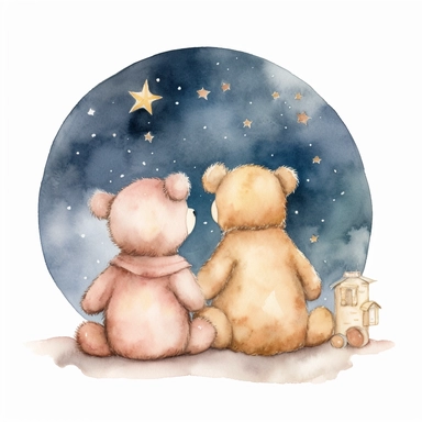 hand drawn pair of teddy bears back facing sitting together looking up at the night sky and the moon and stars, for a nursery, celestial accents, pastel shades, glamorous, watercolor, white background with margins, clipart style