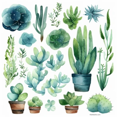 relaxed simple Watercolor Succulents Clipart Home watercolour plant Succulents digital clipart desert plant greenery png planner clipart Summer home decor, completely surrounded by white backround, zero overlap, no touching objects, all objects in the same foreground, no words