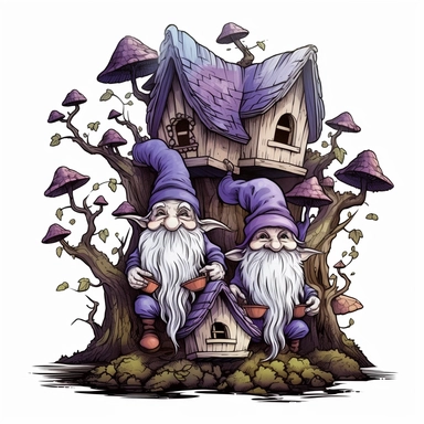 3 gnomes in front of an adorable tree house,spooky ghouls,coffin,thick outline,highly detailed,deep purple,subliamtion clipart,white background