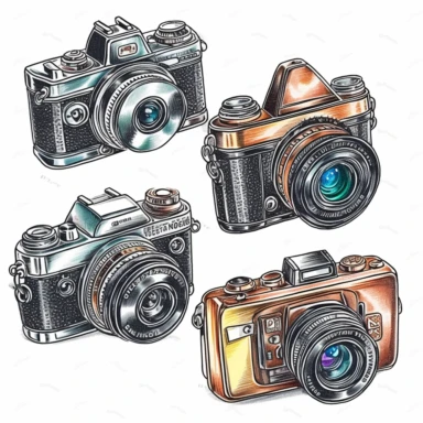 clipart collection of a set of four digital camera ,highly detailed, crisp sharp lines , istock, clip-art, ,, 2070s, steel, , how-to, , harmony of, marker”, , 4, instrument, ultimate, 5, movies, three - dimensional , high quality vector svg white background , organised in rows spaces gap orderly