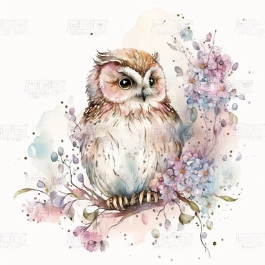 watercolor cute cartoon fantasy owl defined edges Floral Clipart pastel color white background
