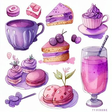 Draw a set of cartoon - style watercolor illustrations of a lavender - themed afternoon tea in shades of purple and pink. The images should have a elegant, refined, and sweet aesthetic, incorporating elements such as lavender - scented desserts, teas, and other culinary items such as macarons, scones, and a teapot. Individual images cliparts