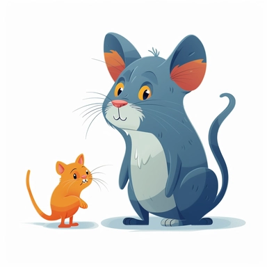 The cat is standing nearby the small gray mouse, children storybook illustration. 2d, vibrant luminous colors, flat style, ink Lines, clipart, white empty background, sharp, high resolution, blue orange warm