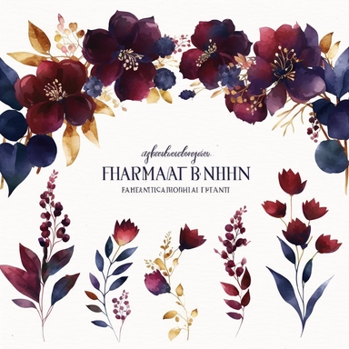 Burgundy Navy Watercolor Elegant Floral Clipart banner, Watercolor Flowers in the style of clipart banner. Burgundy Navy flowers clipart. white background