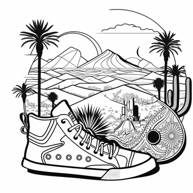 Coloring Page of Sneaker Desert Safari: Create a scene with sneakers navigating vast desert dunes, encountering camels, and discovering hidden oases., Doodle Art, LSD, Simple Design, Clipart black and white, Flat Vector