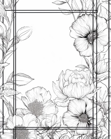 Double line rectangular wireframe contour lines in black, floral clipart attached to frame on the outer perimeter, white background