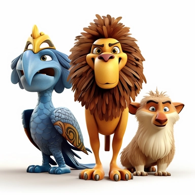 ticker clipart cartoon of eagle, lion , the Ankh, African masks, 3D, disney pixar style, white background ,high definition, high resulotion, highly detailed,16K