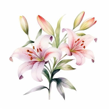 watercolor lily flowers and leaves clipart,tiny, long branches,hd, on white background, space out