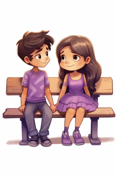 little girl with boy, boy with black hair, girl with brown hair, tan skin, girl with purple dress, young, pretty, purple dress, happy, in love, sitting on bench, talking, white background, purple dress, simple, cartoon, children's book illustration, no background, white background, white background, bright colors, talking, cartoon image, kids book, clipart