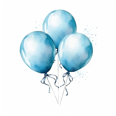 3 baby blue color balloons with string in watercolor style, high quality sharp clipart on a white bsckground