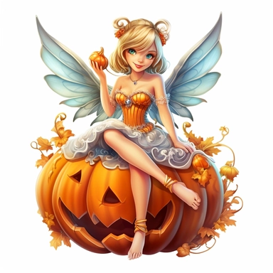 a beautiful smiling fairy girl sitting on a happy big jackolantern pumpkin in a pumpkin patch, highly detailed dress, big fairy wings, pixar style, full body image, clipart, white background