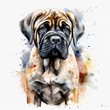 cute English Mastiff dog portrait, full face, centered shot, side shot, dynamically posed, in action, playful mood, happy mood, playing mood, cute face, adorable smile, childlike eyes, clean watercolor illustration, white background, nursery baby imagery, painting, detailed, 8k, PNG, clipart,