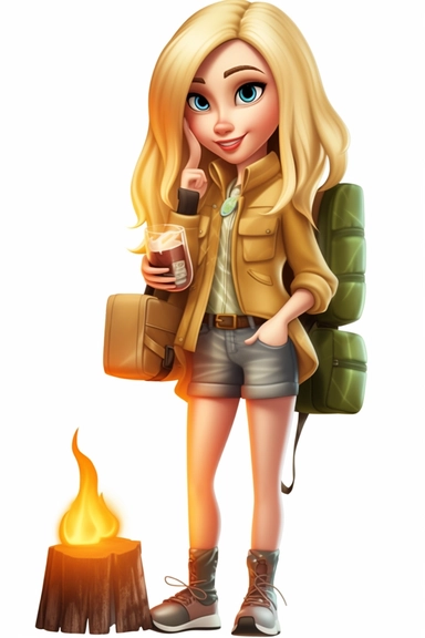 pretty mom blonde hair in a camping outfit, cartoon style, clipart, white background, transparent background